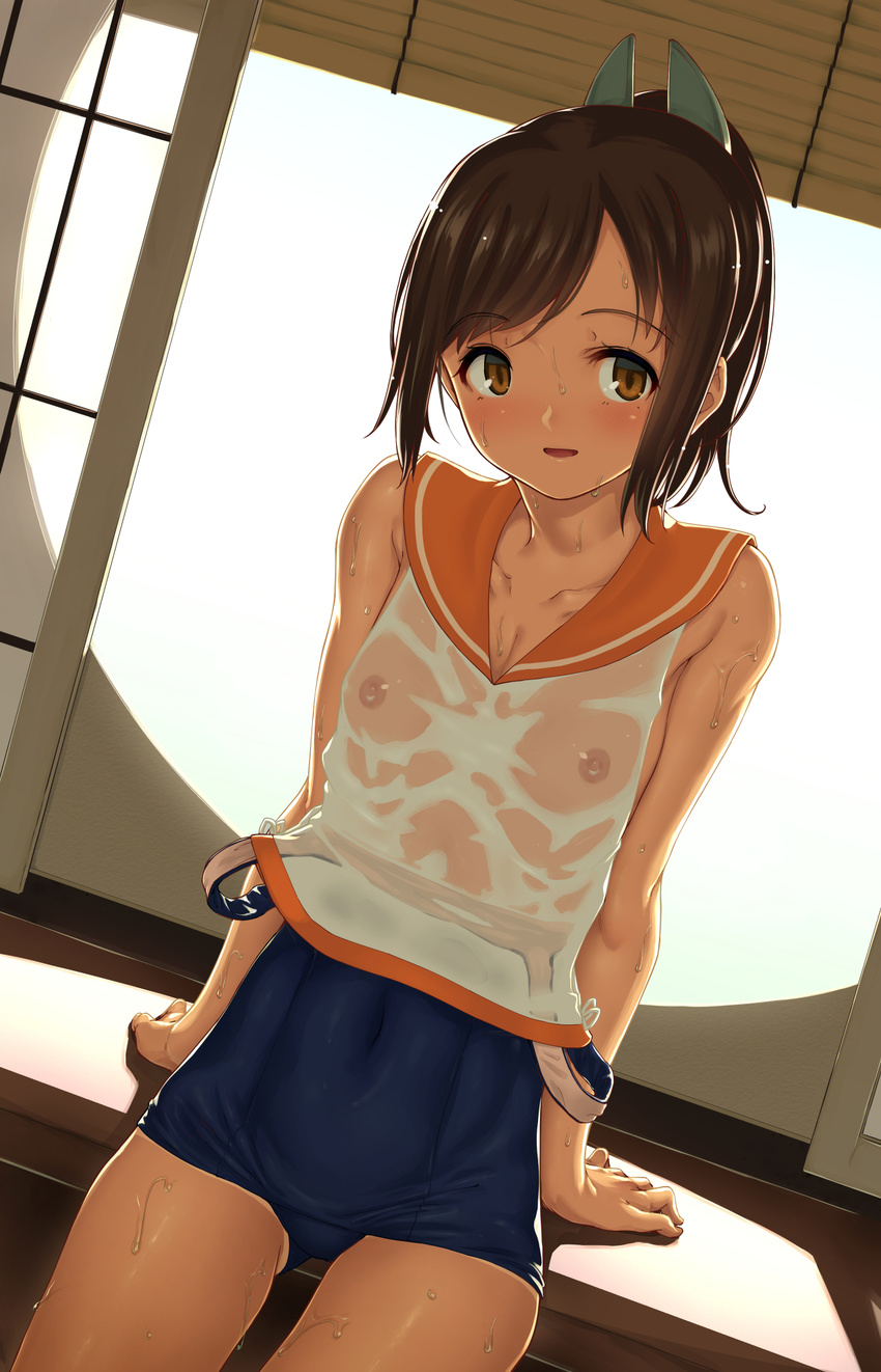 arms_at_sides aya_shachou backlighting bangs bare_shoulders blinds blush breasts brown_eyes brown_hair collarbone commentary_request covered_navel covered_nipples dutch_angle flat_chest headgear highres i-401_(kantai_collection) indoors kantai_collection leaning_back looking_at_viewer nipples parted_lips ponytail sailor_collar school_swimsuit school_uniform see-through serafuku shirt short_hair sitting sleeveless sleeveless_shirt small_breasts solo swimsuit swimsuit_pull swimsuit_under_clothes wet wet_clothes white_shirt