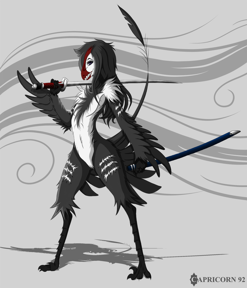 2013 anthro avian beak black_feathers black_fur black_hair capricorn92 claws feathers female fur grey_background hair katana lilith long_hair looking_at_viewer melee_weapon nevrean nude purple_eyes red_skin shadow sharp_teeth sheath simple_background sword teeth toe_claws weapon white_feathers white_fur