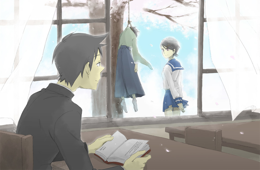 2boys black_hair book cherry_blossoms desk fuura_kafuka gakuran hair_ornament hairclip hanged itoshiki_nozomu japanese_clothes kimono kudou_jun monochrome multiple_boys raikou_(symposion) sayonara_zetsubou_sensei school_uniform serafuku short_hair skirt smile