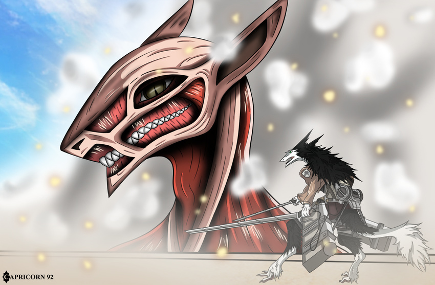 2013 attack_on_titan barefoot black_fur black_hair brown_eyes capricorn92 claws clothed clothing colossal_titan duo english_text fur grey_fur hair jacket melee_weapon nude open_mouth outside pink_skin pointy_ears red_skin sergal sharp_teeth size_difference sky slit_pupils smoke sword teeth text titan toe_claws weapon white_fur
