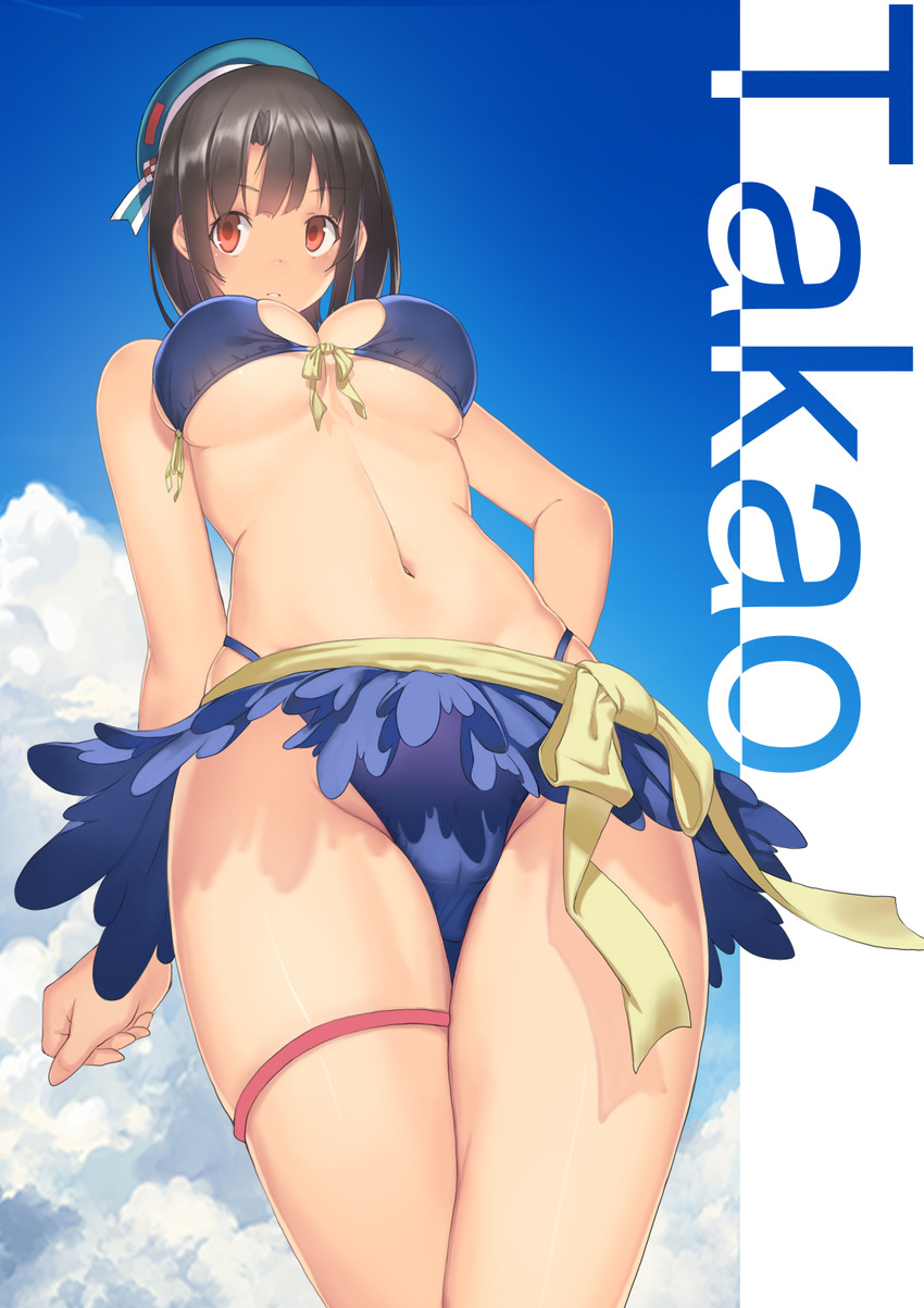 bikini black_hair blue_bikini breasts cameltoe character_name cloud day from_below front-tie_top hat highres kantai_collection large_breasts leg_garter madyy navel outdoors red_eyes ribbon shiny shiny_skin short_hair skindentation sky solo swimsuit takao_(kantai_collection)