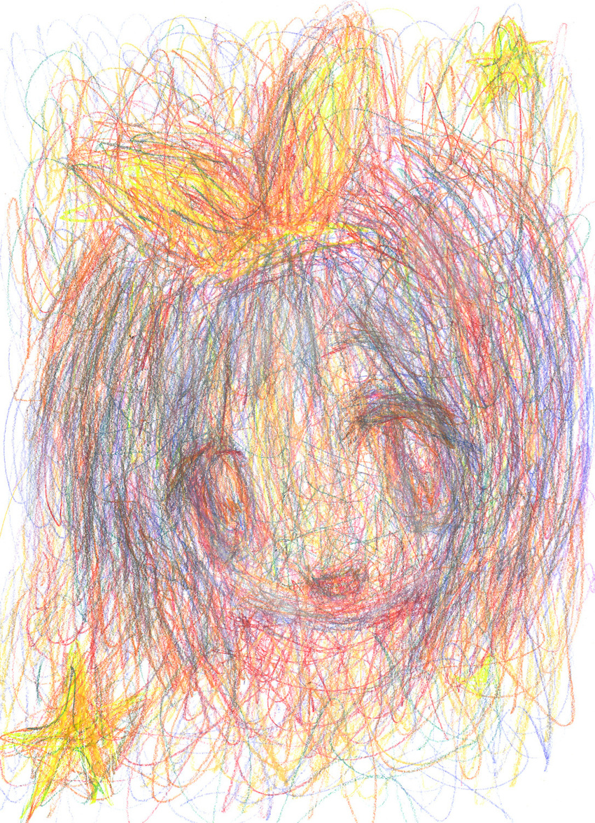 abstract blue_eyes bow colored_pencil_(medium) colorful commentary face hair_bow highres hiiragi_tsukasa leica looking_at_viewer lucky_star open_mouth portrait purple_hair short_hair solo star traditional_media