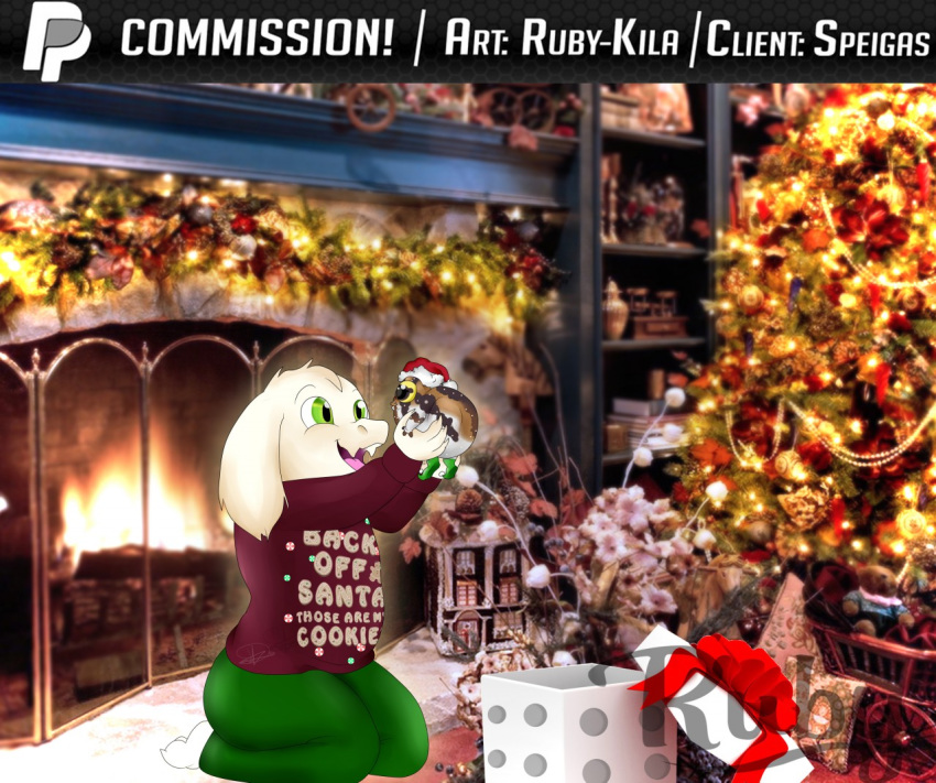 ambiguous_gender amphibian anthro asriel_dreemurr caprine christmas clothed clothing duo english_text feral frog fur holidays inside mammal open_mouth pet ruby-kila signature text toad tongue undertale video_games white_fur