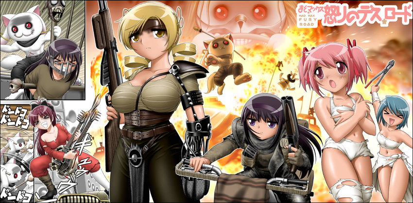 &gt;_&lt; akemi_homura black_hair blonde_hair blue_hair bolt_cutters bow breasts clenched_teeth closed_eyes commentary_request cosplay crossover drill_hair drum drumsticks explosion fire ground_vehicle guitar gun hair_bow headband highres instrument kaname_madoka kyubey long_hair mad_max mad_max:_fury_road mahou_shoujo_madoka_magica miki_sayaka motor_vehicle motorcycle multiple_girls navel pink_eyes pink_hair polearm prosthesis prosthetic_arm pun red_hair rifle sakura_kyouko shingyouji_tatsuya shotgun sks spear teeth the_doof_warrior the_doof_warrior_(cosplay) title_parody tomoe_mami twin_drills twintails weapon yellow_eyes