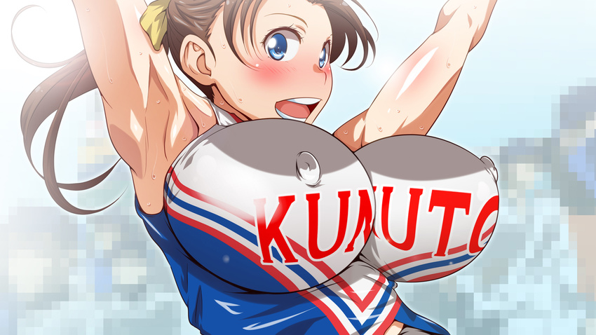 armpits arms_up blue_eyes blush breasts brown_hair cheerleader erect_nipples gradient gradient_background huge_breasts impossible_clothes impossible_shirt kunifuto large_breasts open_mouth shirt smile wallpaper