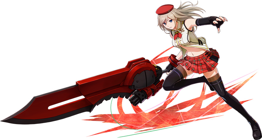 alisa_ilinichina_amiella black_footwear black_legwear blue_eyes boots breasts fingerless_gloves full_body gloves god_eater god_eater_2:_rage_burst god_eater_burst hat huge_weapon large_breasts navel open_mouth project_x_zone silver_hair solo sword thigh_boots thighhighs transparent_background underboob weapon zettai_ryouiki