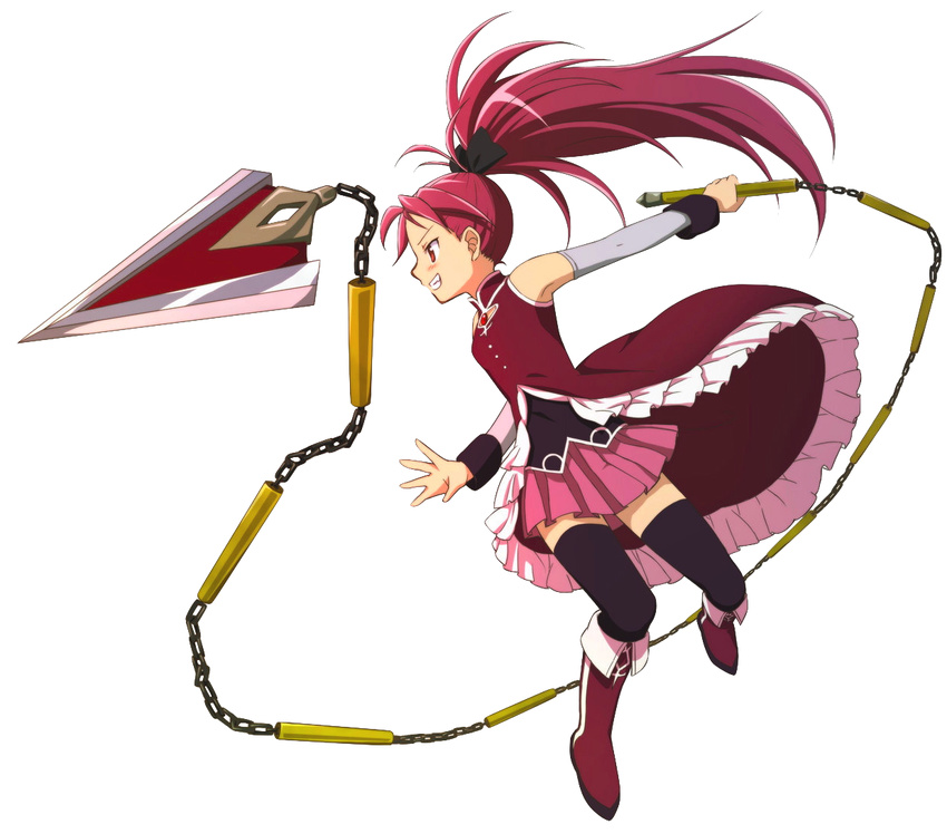 bare_shoulders black_legwear boots bow chain chain_whip clenched_teeth detached_sleeves full_body grin hair_bow knee_boots long_hair magical_girl mahou_shoujo_madoka_magica official_art polearm ponytail red_eyes red_footwear red_hair sakura_kyouko smile solo spear teeth thighhighs transparent_background weapon zettai_ryouiki