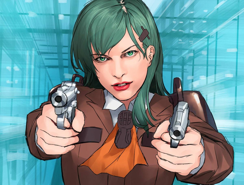 blew_andwhite commentary_request dual_wielding green_eyes green_hair gun holding kantai_collection long_hair military military_uniform milla_jovovich real_life realistic resident_evil solo suzuya_(kantai_collection) uniform weapon