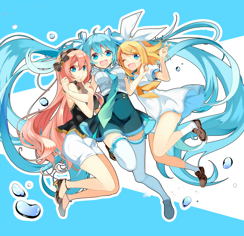 :d ;d blonde_hair blue_background blue_eyes blue_hair hairband hatsune_miku highres kagamine_rin long_hair megurine_luka multiple_girls necktie one_eye_closed open_mouth pink_hair short_hair skirt smile temari_(deae) thighhighs very_long_hair vocaloid white_legwear