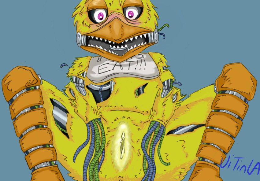 animatronic avian bird blush chica_(fnaf) endoskeleton female five_nights_at_freddy's machine monster pussy robot solo teeth uitinla video_games withered