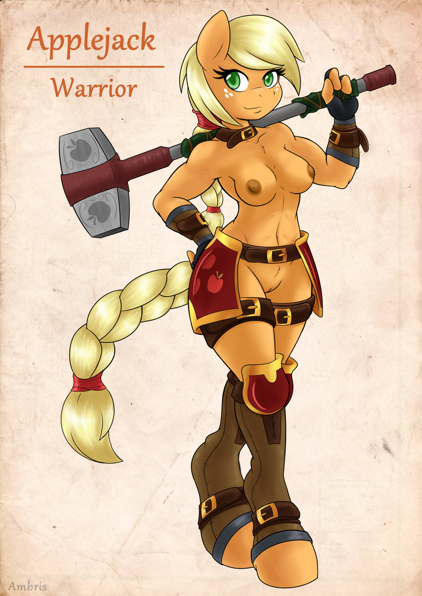 2015 ambris anthro anthrofied applejack_(mlp) armor blonde_hair braided_hair braided_tail breasts earth_pony equine female freckles friendship_is_magic fur green_eyes hair hammer horse long_hair mammal muscles muscular_female my_little_pony navel orange_fur pony pussy smile solo tools unconvincing_armor