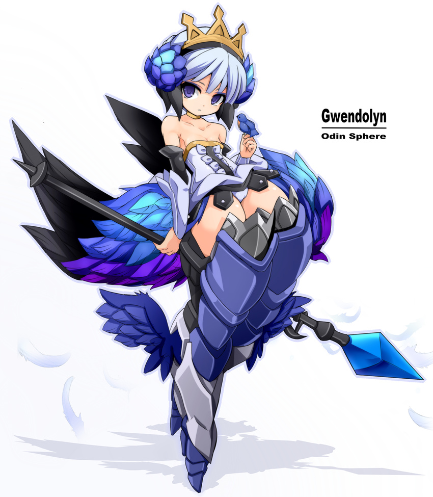 arm_warmers armor armored_dress bare_shoulders bird bird_on_hand boots character_name copyright_name crown expressionless full_body greaves gwendolyn highres karukan_(monjya) microskirt multicolored multicolored_wings odin_sphere panties pantyshot pantyshot_(standing) polearm purple_eyes shadow short_hair skirt solo spear standing thigh_boots thighhighs underwear weapon white_background white_hair white_panties wings