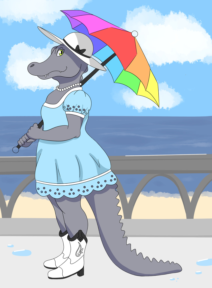 2015 alligator anthro beach boots bow clothed clothing cloud dress female footwear godheadharley green_eyes hat looking_at_viewer necklace outside reptile scalie sea seaside shoes sky smile solo teeth umbrella water
