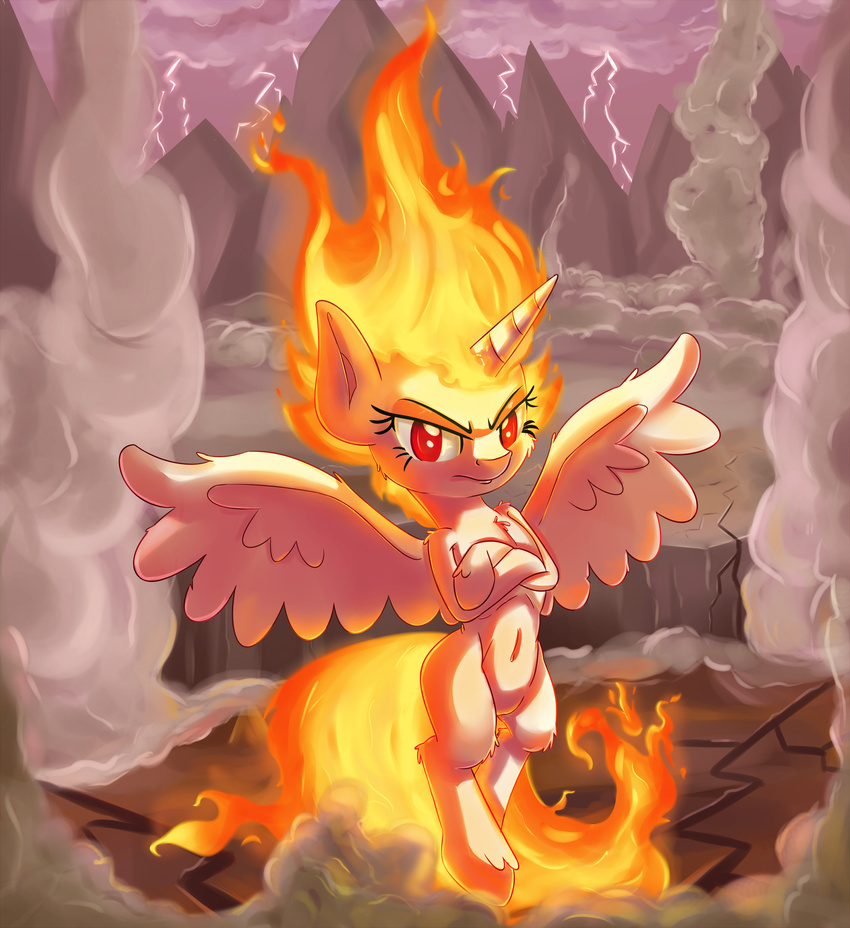 2015 cloud equine female fire fire_hair fire_tail friendship_is_magic horn lightning mammal mountain my_little_pony navel red_eyes sky solo thediscorded twilight_sparkle_(mlp) winged_unicorn wings