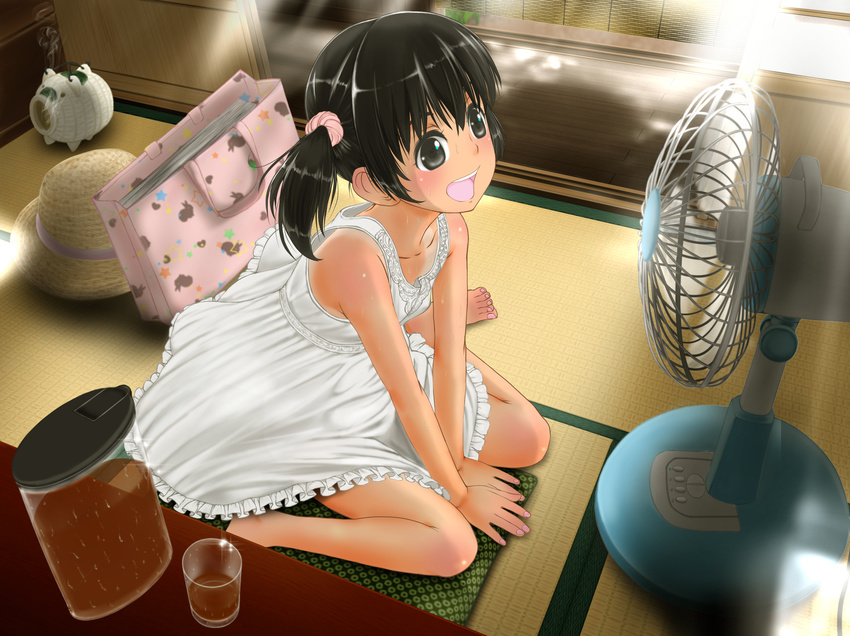 bare_shoulders barefoot black_eyes black_hair blush child dress electric_fan fan fan_speaking higashi_tarou highres indoors one-piece_tan open_mouth original short_hair short_twintails sitting smile solo sweat tan tanline twintails wariza white_dress