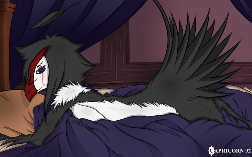 2013 anthro avian beak bed black_feathers black_fur black_hair blanket capricorn92 english_text feathers female flat_chested fur hair half-closed_eyes inside inviting lilith looking_at_viewer nevrean nude pillow purple_eyes raised_tail scar seductive smile solo text white_feathers white_fur