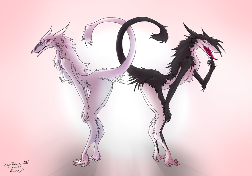 2013 anthro bent_over black_fur black_hair butt capricorn92 claws duo english_text female fur hair half-closed_eyes long_hair looking_at_viewer markings noah nude open_mouth ophelia pointy_ears red_eyes sergal simple_background slit_pupils smile teeth text toe_claws tongue tongue_out white_background white_fur white_hair