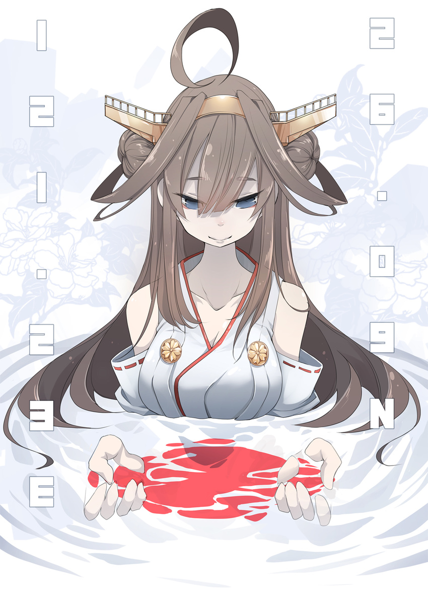 ahoge bare_shoulders blue_eyes breasts brown_hair cleavage detached_sleeves double_bun headgear highres kantai_collection kongou_(kantai_collection) large_breasts long_hair nontraditional_miko partially_submerged smile solo tansuke upper_body