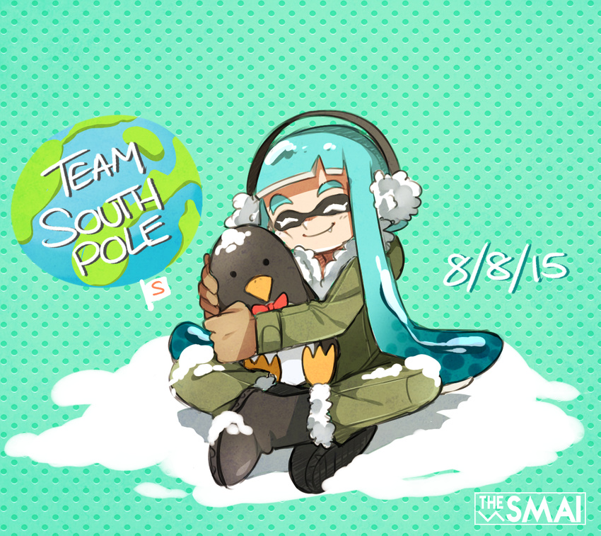 1girl alternate_costume aqua_hair artist_name bad_id bad_tumblr_id bird boots bow bowtie cheek-to-cheek closed_eyes commentary crossed_legs domino_mask earmuffs eyebrows flag globe gloves hug indian_style inkling long_hair mask penguin sami_briggs sitting smile snow splatoon_(series) splatoon_1 tentacle_hair thick_eyebrows