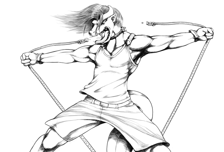 2014 anthro belt breaking chain clothed clothing collar dragon drooling gloves hair horn kalnareff kalnareff_(character) leash long_hair male monochrome muscles open_mouth pointy_ears saliva scalie sharp_teeth shirt shorts simple_background slit_pupils solo tank_top teeth tongue tongue_out uvula white_background