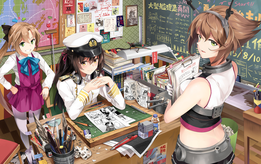 a6m_zero akigumo_(kantai_collection) bare_shoulders brown_hair calendar_(object) eraser female_admiral_(kantai_collection) gloves green_eyes hair_ornament hair_ribbon hairband hat headgear highres indoors kantai_collection long_hair manga_(object) military military_uniform multiple_girls musashi_(kantai_collection) mutsu_(kantai_collection) nagato_(kantai_collection) naval_uniform neko_(yanshoujie) pantyhose pencil ponytail ribbon school_uniform short_hair skirt smile taihou_(kantai_collection) tsu-class_light_cruiser uniform