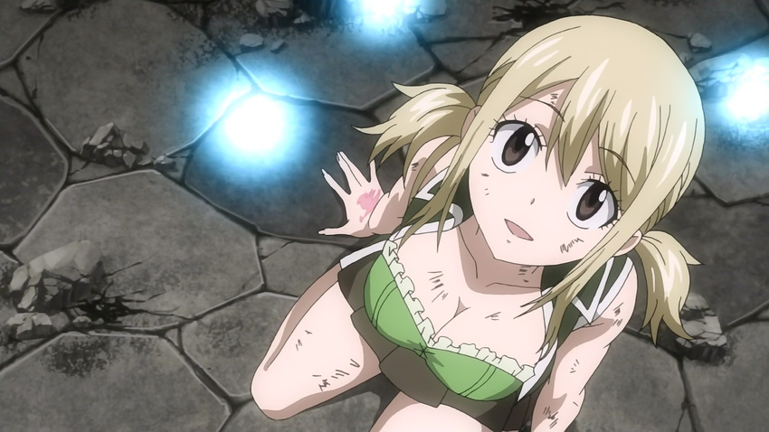 1girl black_eyes blonde_hair breasts dirty fairy_tail floor happy_face kneeling long_hair lucy_heartfilia magic open_mouth ponytail sitting soul tattoo