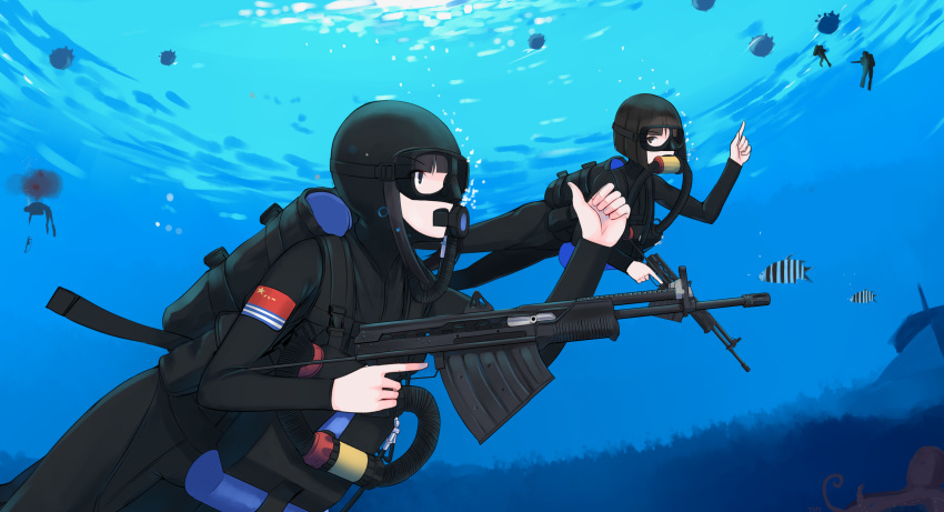 2girls aps_rifle bangs blood blunt_bangs bob_cut bubble death fish fisheye goggles highres military multiple_girls octopus original people's_republic_of_china_flag pointing pointing_up scuba shiden21gata signature silhouette soldier swimming thumbs_up trigger_discipline underwater wetsuit
