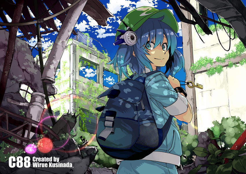 artist_name backpack bag blue_eyes blue_hair building hat highres irue kawashiro_nitori key lens_flare moss overgrown ruins short_hair skirt smile solo touhou twintails two_side_up