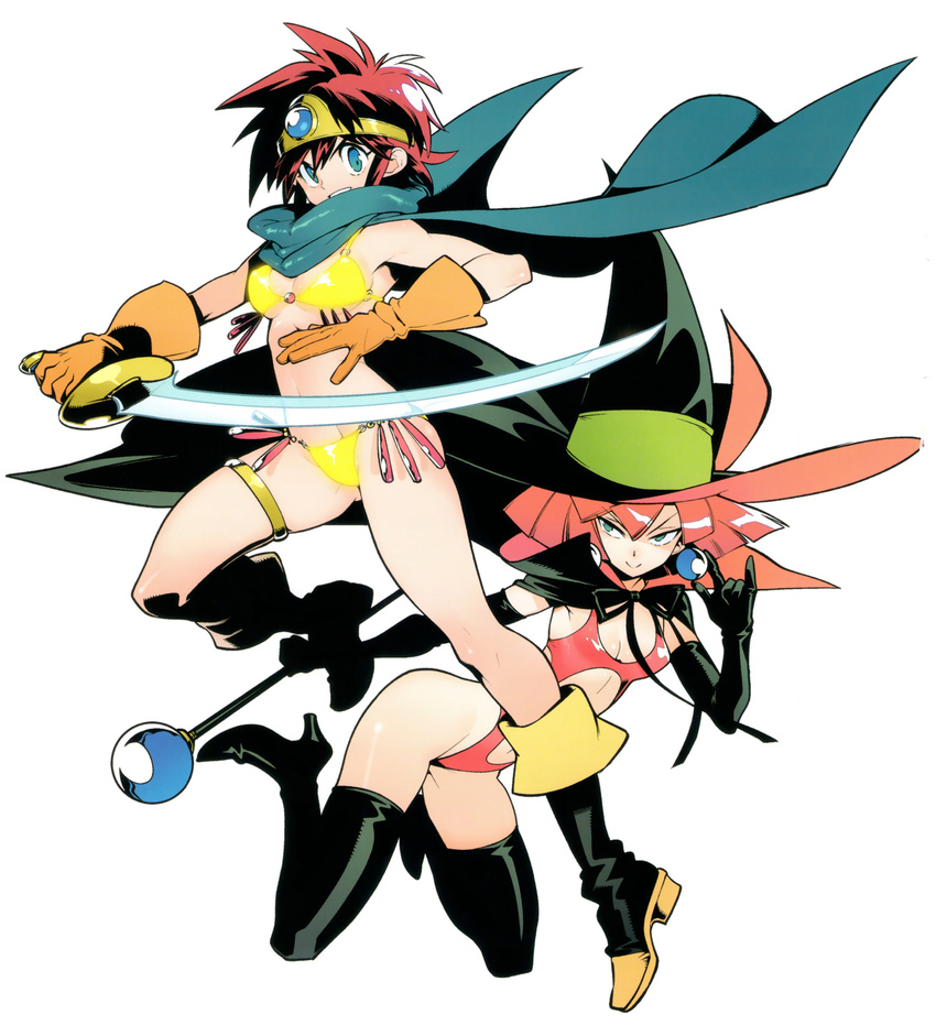 aqua_eyes bikini black_footwear black_legwear boots cape dragon_quest dragon_quest_iii elbow_gloves fujimoto_hideaki gloves gold_cloth hat highres holding knee_boots legs_folded mage_(dq3) multiple_girls red_hair roto short_hair simple_background smile swimsuit sword thigh_boots thigh_strap thighhighs tsurime wand weapon white_background witch_hat