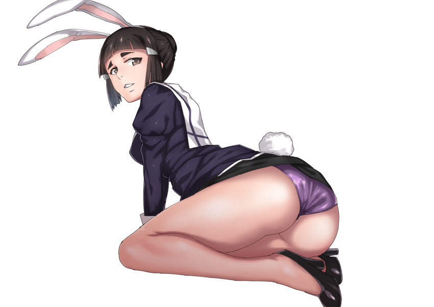 animal_ears ass black_hair bunny_ears bunny_tail eyebrows high_heels jack_hamster kantai_collection legs looking_at_viewer myoukou_(kantai_collection) no_legwear no_socks short_hair simple_background solo tail thighs white_background