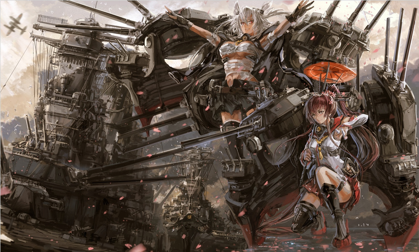 aircraft airplane asymmetrical_legwear bare_shoulders battleship black_skirt blonde_hair brown_hair budget_sarashi cherry_blossoms cloud cloudy_sky commentary_request detached_sleeves glasses headgear holding holding_umbrella kantai_collection long_hair looking_at_viewer military military_vehicle miniskirt multiple_girls musashi_(battleship) musashi_(kantai_collection) object_namesake oriental_umbrella ponytail red_skirt sarashi ship single_thighhigh skirt sky stu_dts thighhighs turret two_side_up type_91_armor-piercing_shell umbrella very_long_hair warship watercraft yamato_(battleship) yamato_(kantai_collection) z_flag zettai_ryouiki