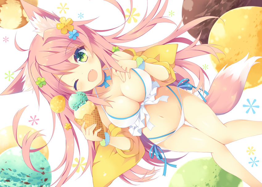 animal_ears bikini blush breasts cleavage fang food fox_ears fox_tail green_eyes hair_ornament ice_cream large_breasts long_hair looking_at_viewer navel nibiiro_shizuka one_eye_closed open_mouth original pink_hair smile solo swimsuit tail