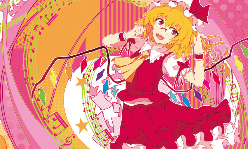 ascot beamed_eighth_notes beamed_sixteenth_notes bespectacled blonde_hair chiruru96 crystal eighth_note fangs flandre_scarlet frilled_skirt frills glasses hat hat_ribbon looking_to_the_side mob_cap musical_note open_mouth puffy_sleeves quarter_note red_eyes ribbon shirt short_hair short_sleeves side_ponytail skirt skirt_set smile solo star striped touhou treble_clef vertical_stripes vest wings wrist_cuffs