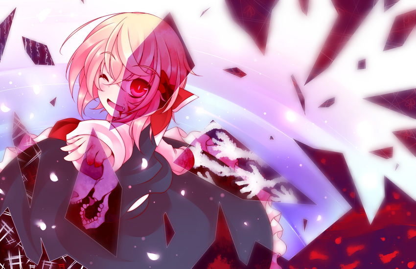 ;d blonde_hair blood blood_on_face dark_persona fang frilled_skirt frills hair_ribbon highres kuroyume_(dark495) one_eye_closed open_mouth red_eyes ribbon rumia shatter shattering shirt short_hair skirt skull smile touhou vest