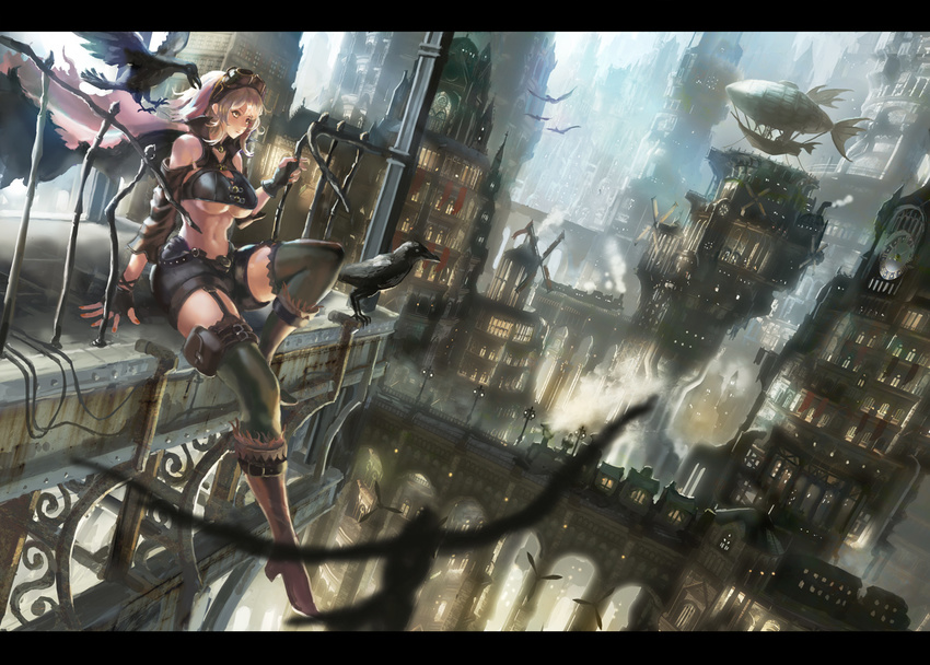 aircraft belt_boots bird blonde_hair boots breasts brown_footwear cape cityscape denki dirigible fingerless_gloves gloves goggles goggles_on_head knee_boots large_breasts midriff navel original scenery short_hair shorts sitting steampunk thighhighs underboob yellow_eyes zeppelin