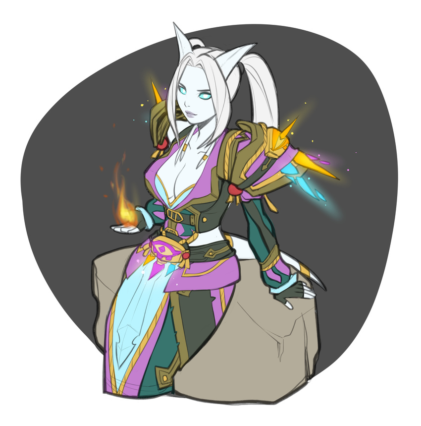 breasts cleavage clothed clothing draenei hair horn lyriel magic magic_user pigtails sitting solo spearfrost video_games warcraft white_hair world_of_warcraft