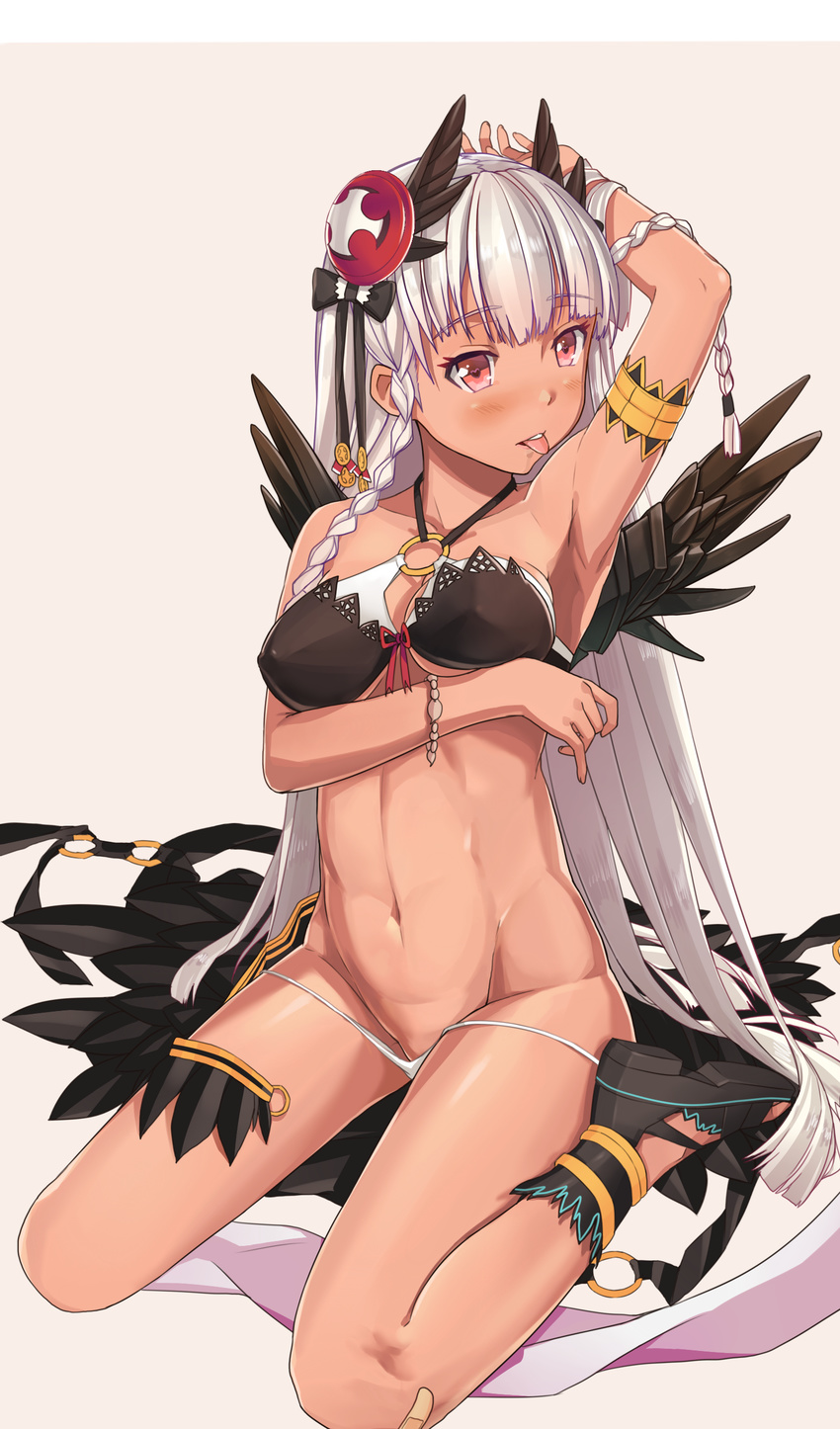 :p absurdres arm_garter armpits bad_id bad_pixiv_id bandaid bandaid_on_knee blush bracelet braid breasts dark_valkyrie_(p&amp;d) groin heart heart-shaped_pupils highres jewelry long_hair medium_breasts navel panties pink_eyes piza_rokumai puzzle_&amp;_dragons silver_hair sitting solo symbol-shaped_pupils tongue tongue_out twin_braids underwear valkyrie_(p&amp;d) wariza white_panties