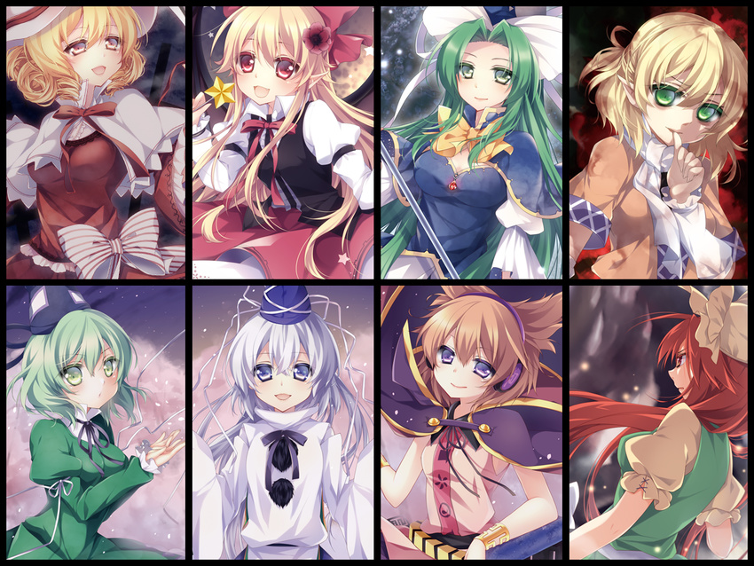 bad_id bad_pixiv_id biting blonde_hair blue_eyes blush dress elis_(touhou) elly empty_eyes green_eyes green_hair hat headdress mikazuki_sara mima mizuhashi_parsee mononobe_no_futo moon multiple_girls nail_biting open_mouth orange_(touhou) orange_eyes orange_hair purple_eyes red_eyes soga_no_tojiko tate_eboshi touhou touhou_(pc-98) toyosatomimi_no_miko white_hair wizard_hat yellow_eyes