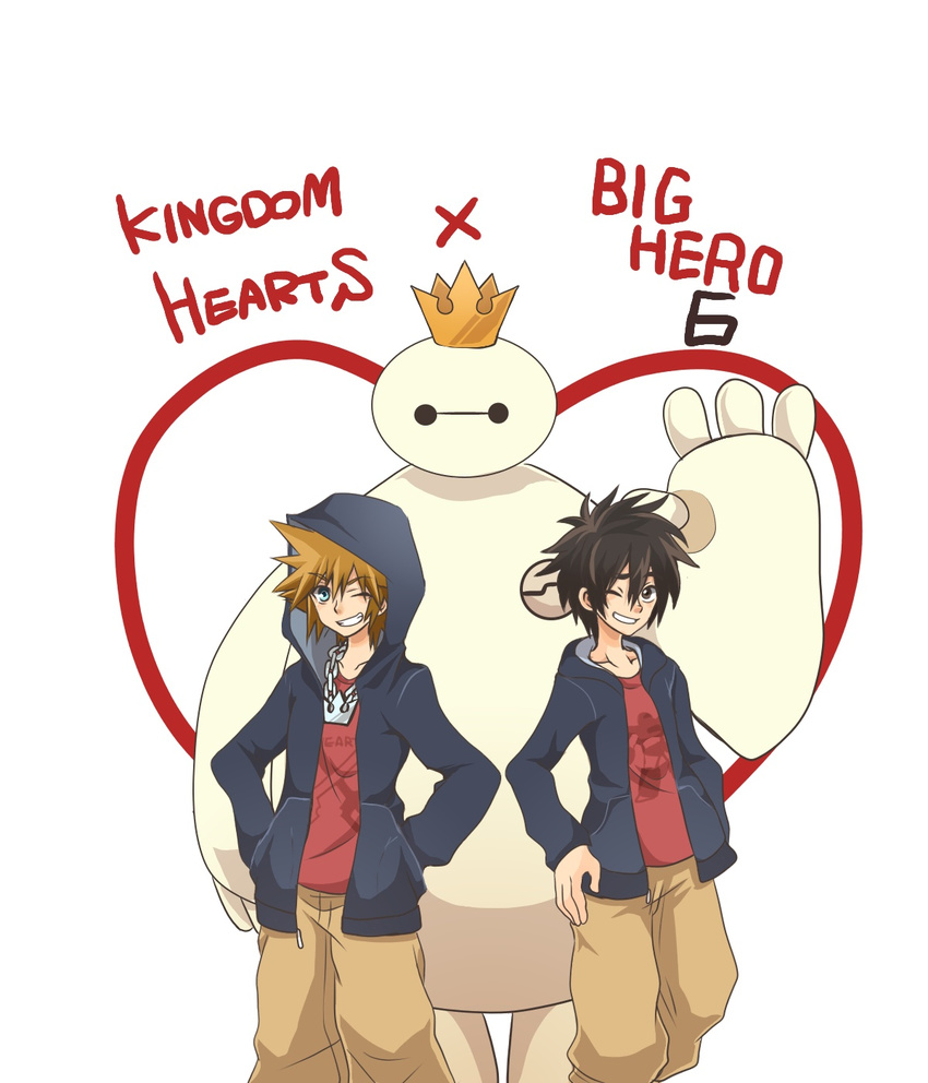 baymax big_hero_6 crossover disney hiro_hamada hood hooded_jacket jacket kingdom_hearts marvel multiple_boys simple_background sora_(kingdom_hearts) square_enix