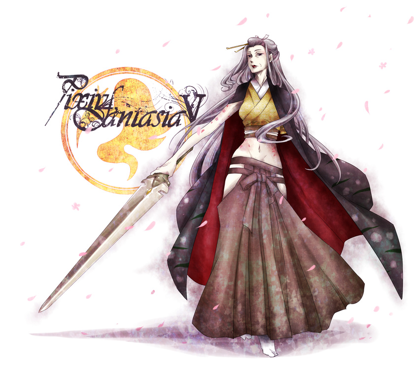 amputee grey_hair hakama highres japanese_clothes long_hair looking_at_viewer midriff old_woman pixiv_fantasia pixiv_fantasia_5 sanctuary-of-apricot solo sword tattoo very_long_hair weapon