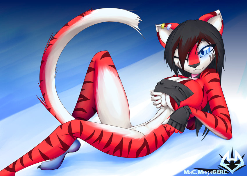 2015 abdominal anthro athletic big_breasts blu_eyes blush breasts cat cherry_(macmegagerc) clothing collar cute feline female fingerless_gloves fur gloves hair hair_over_eye looking_at_viewer macmegagerc mammal nipples one_eye_closed red_fur smile solo stripes tiger young