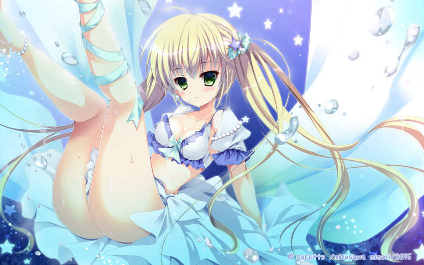 2015 ass barefoot barefoot_sandals blonde_hair blush breasts cleavage collarbone commentary_request dress green_eyes hair_ornament highres jewelry kneepits legs legs_up looking_at_viewer lying medium_breasts mizusawa_mimori necklace on_back original pearl pearl_necklace puffy_short_sleeves puffy_sleeves ribbon short_sleeves solo star star_hair_ornament twintails