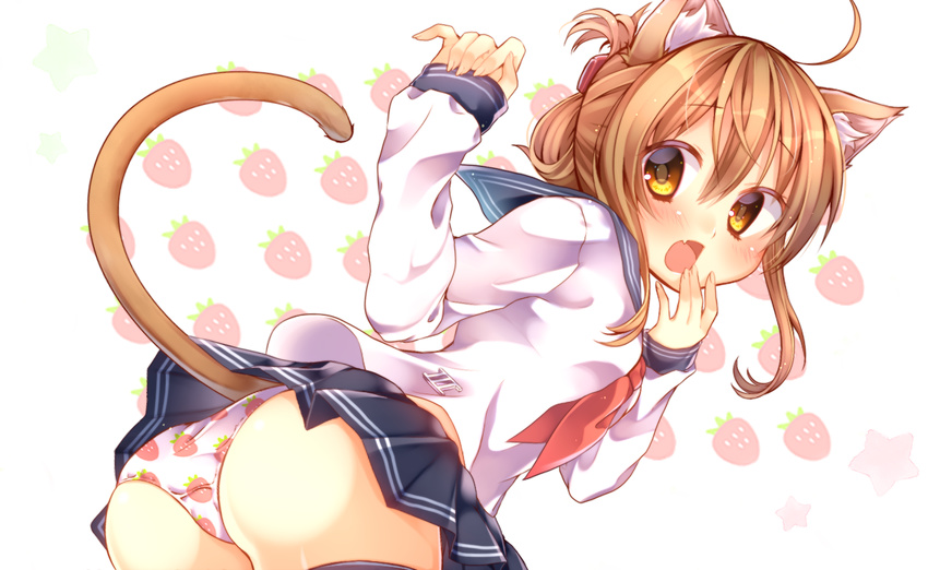 ahoge animal_ears ass black_skirt brown_eyes brown_hair cat_ears cat_tail chihiro_(khorosho) commentary_request folded_ponytail food_print from_behind inazuma_(kantai_collection) kantai_collection kemonomimi_mode long_hair long_sleeves looking_back neckerchief open_mouth panties pleated_skirt ponytail print_panties school_uniform serafuku skirt solo strawberry_panties strawberry_print tail underwear
