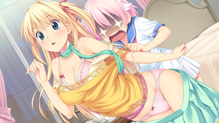 2girls aqua_eyes blonde_hair bow bow_panties bra hair_ribbon highres indoors kagurazaka_namine koutaro long_hair multiple_girls neck_ribbon off_shoulder open_mouth panties pink_bra pink_hair pink_panties ribbon school_uniform serafuku shirt_pull short_hair short_sleeves takara_ichiko tropical_vacation two_side_up underwear undressing