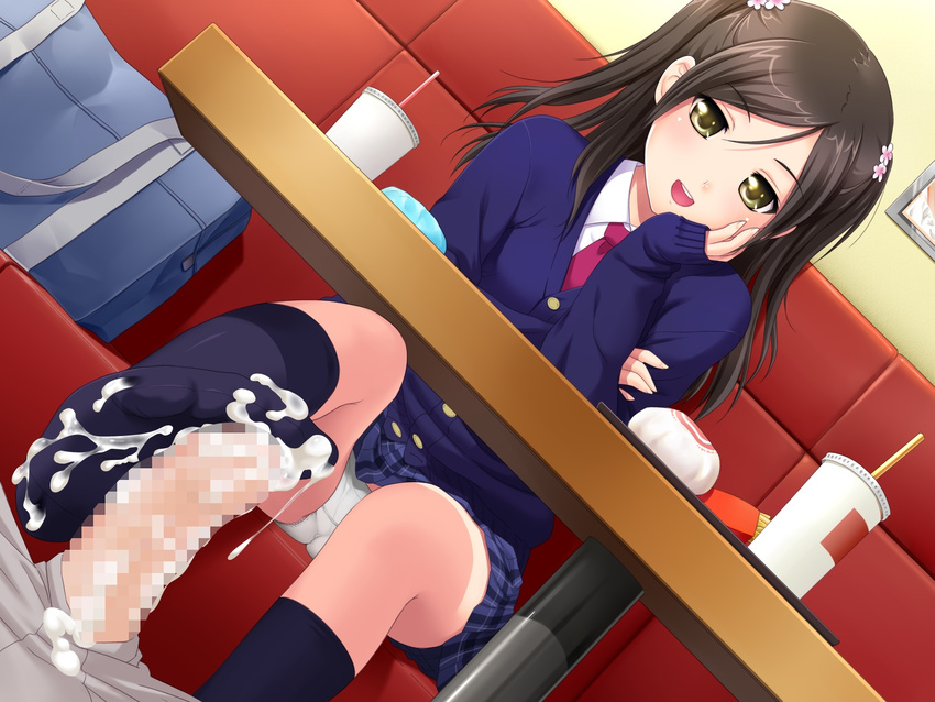 1girl brown_hair censored chin_rest cum cum_on_body cum_on_clothes cum_on_lower_body ejaculation erection fast_food feet footjob long_hair necktie no_shoes nonohara_miki open_mouth panties pantyshot penis pov school_bag school_uniform skirt smile socks solo_focus table tanuki_soft two_side_up underwear upskirt white_panties yellow_eyes