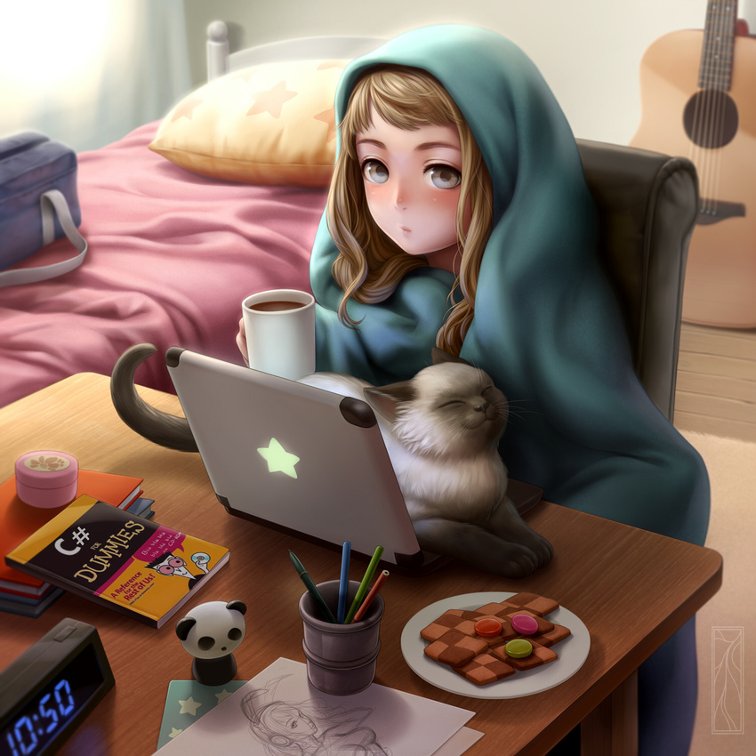 acoustic_guitar bad_id bad_pixiv_id bangs bed blah_blah_blah blanket blonde_hair blue_eyes blush book book_stack cat cd checkerboard_cookie clock coffee coffee_mug computer cookie cup digital_clock drawing food for_dummies guitar happy highres indoors instrument kotikomori laptop long_hair looking_at_viewer mug original panda paper pen pen_holder pencil pillow red_sclera siamese_cat snack solo spiked_hair