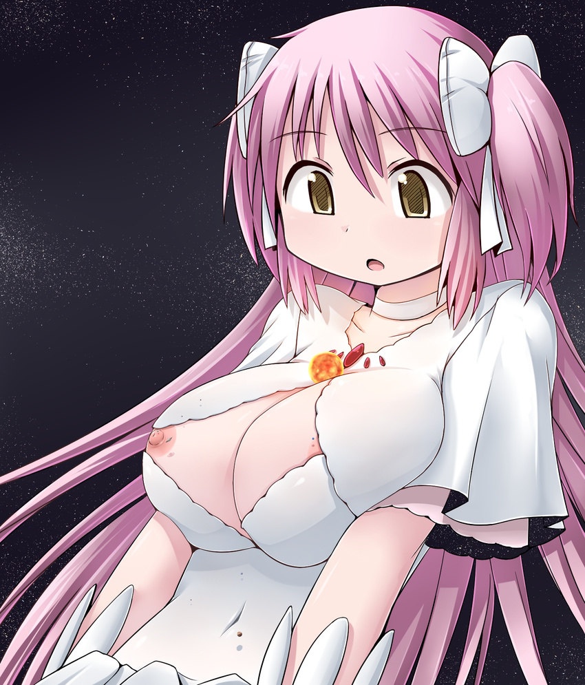 :o alternate_breast_size areolae breasts cleavage cleavage_cutout dress earth giantess highres kaname_madoka large_breasts long_hair mahou_shoujo_madoka_magica nipple_slip nipples pink_hair planet short_sleeves solo sun terada_ochiko ultimate_madoka upper_body very_long_hair white_dress