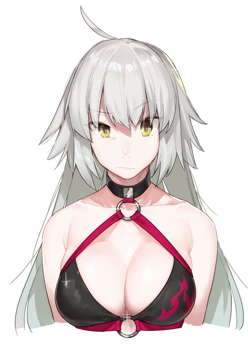 1girl ahoge bare_shoulders bikini black_bikini breasts closed_mouth collar eyebrows_visible_through_hair fate/grand_order fate_(series) glint grey_hair highres jeanne_d'arc_(alter_swimsuit_berserker) jeanne_d'arc_(fate)_(all) large_breasts long_hair looking_at_viewer muchi_maro ne o-ring o-ring_top raised_eyebrow simple_background solo swimsuit upper_body white_background yellow_eyes