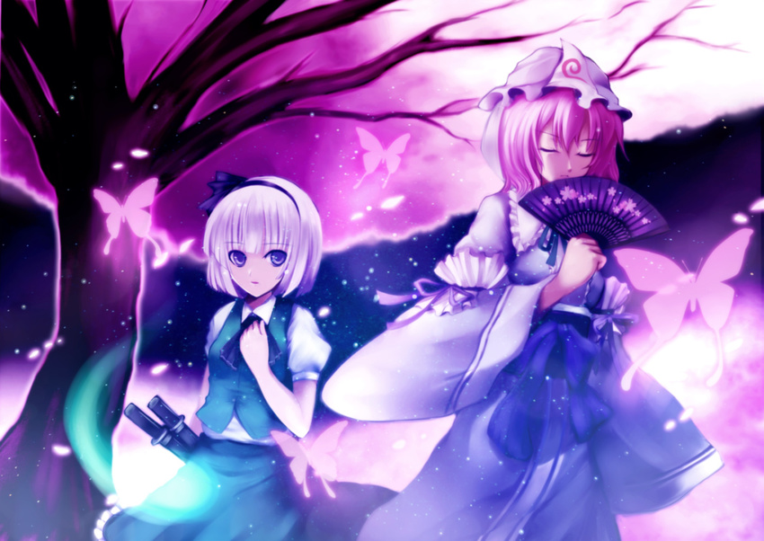 bug butterfly cherry_blossoms fan greave_(asterism) insect konpaku_youmu konpaku_youmu_(ghost) multiple_girls saigyouji_yuyuko sword touhou weapon