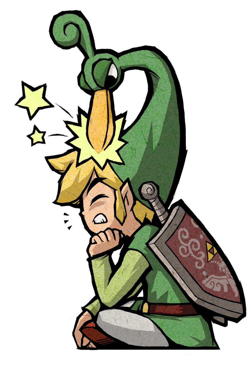 artist_request blonde_hair ezlo hat highres link official_art pointy_ears shield sword the_legend_of_zelda the_legend_of_zelda:_the_minish_cap weapon